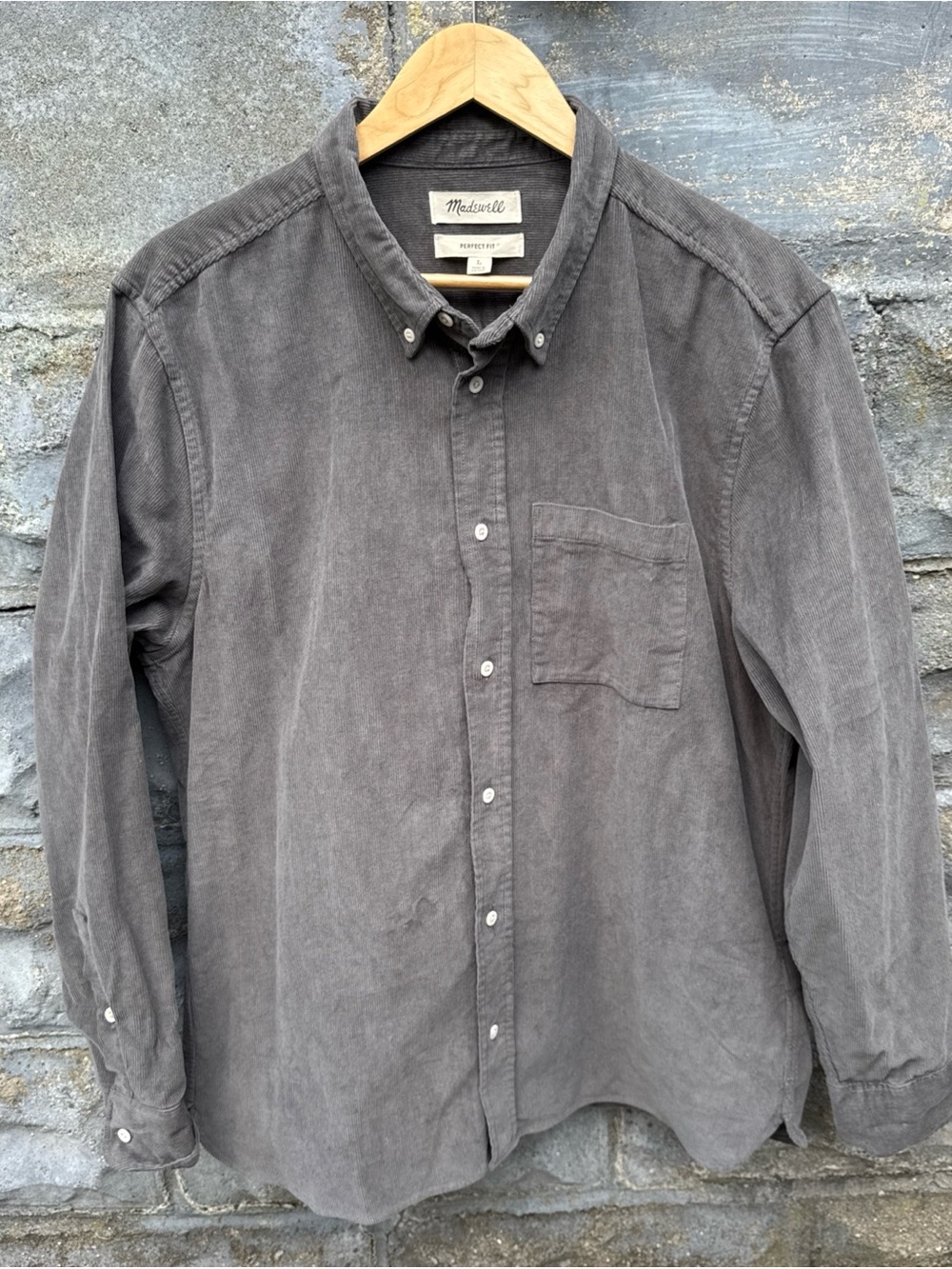 Madewell Shirt Mens Large Gray Corduroy Perfect Fit Cord Button Up Long Sleeve